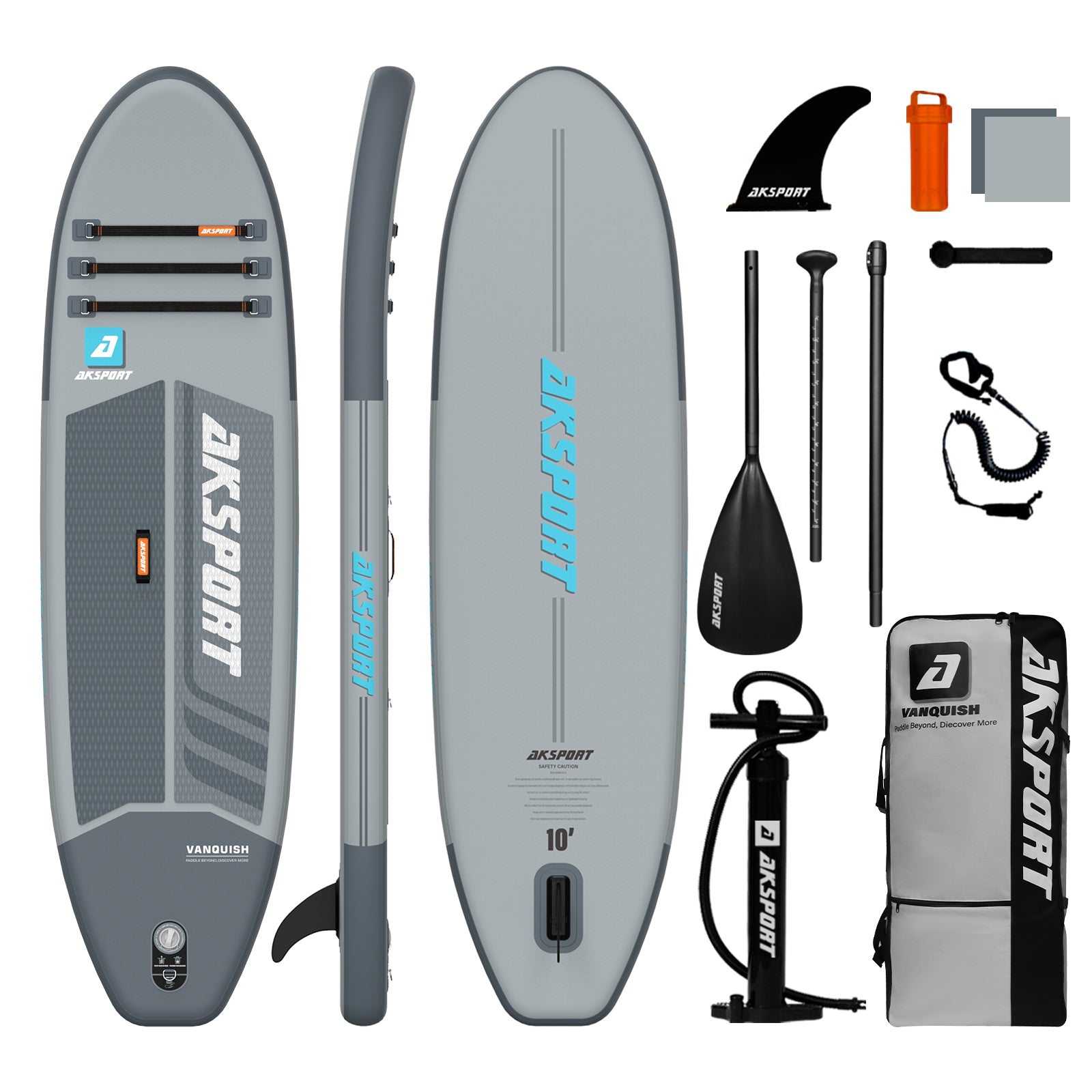 AKSPORT 10' Inflatable Stand-up Paddle Board Package Grey