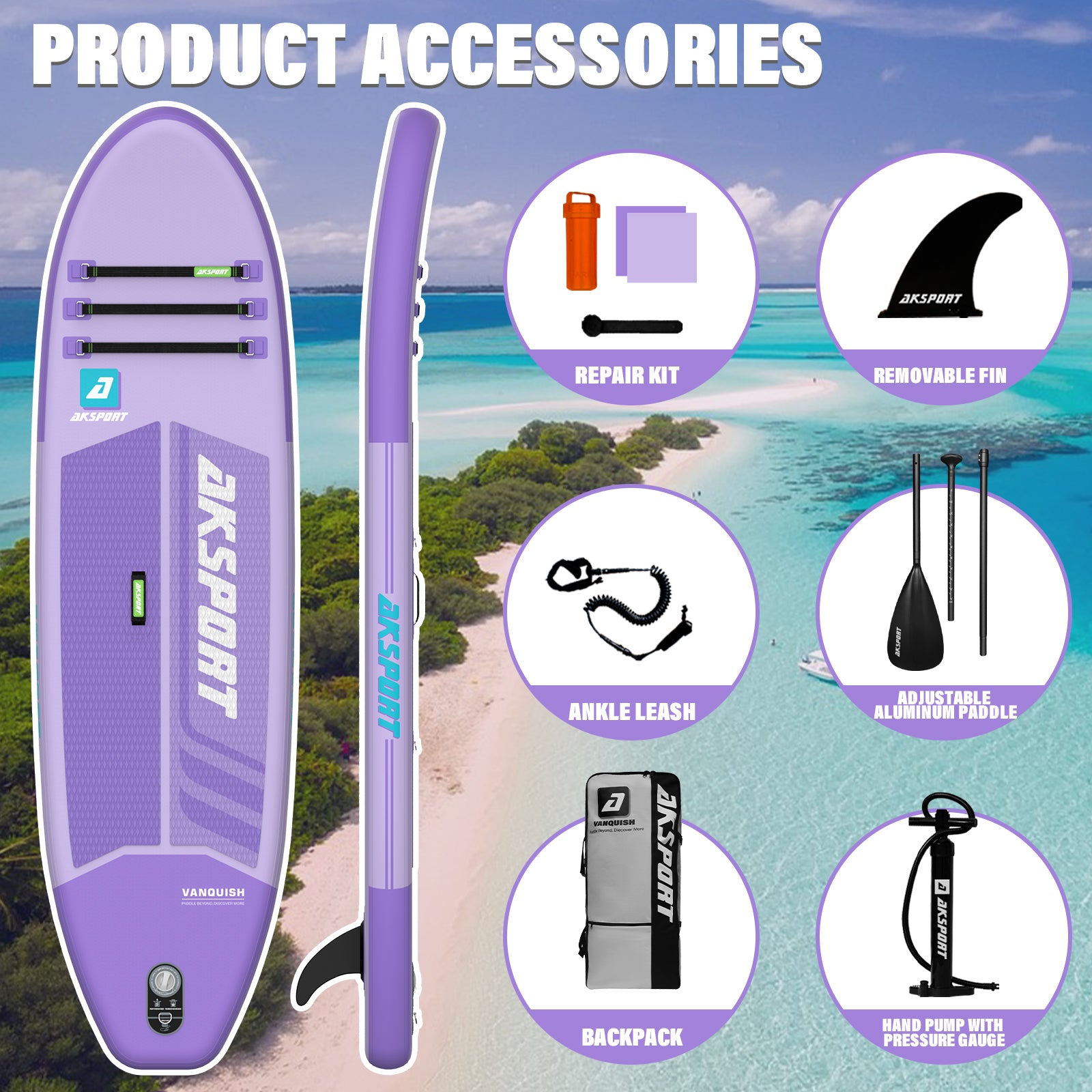 AKSPORT 10' Inflatable Stand-up Paddle Board Package Purple