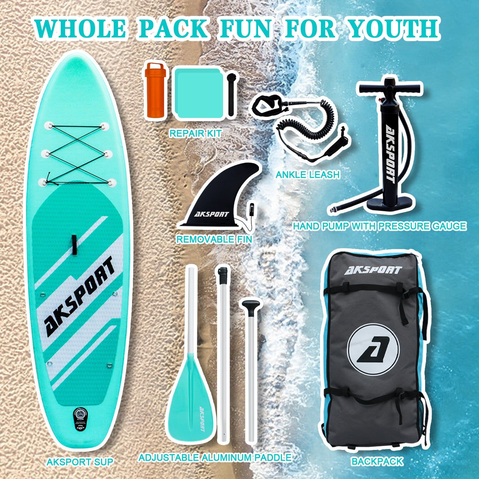 AKSPORT 10'6" Inflatable Stand - up Paddle Board Package Aqua - AKSPORT