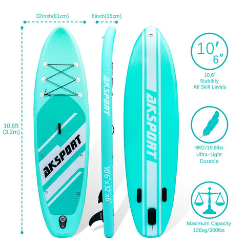 AKSPORT 10'6" Inflatable Stand-up Paddle Board Package Aqua - AKSPORT